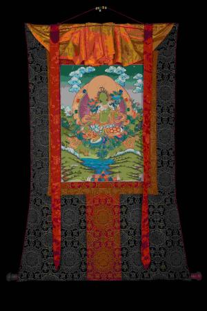 Green Tara Thangka With Brocade | Original Hand Painted Healing Female Deity | Healing Tara Painting